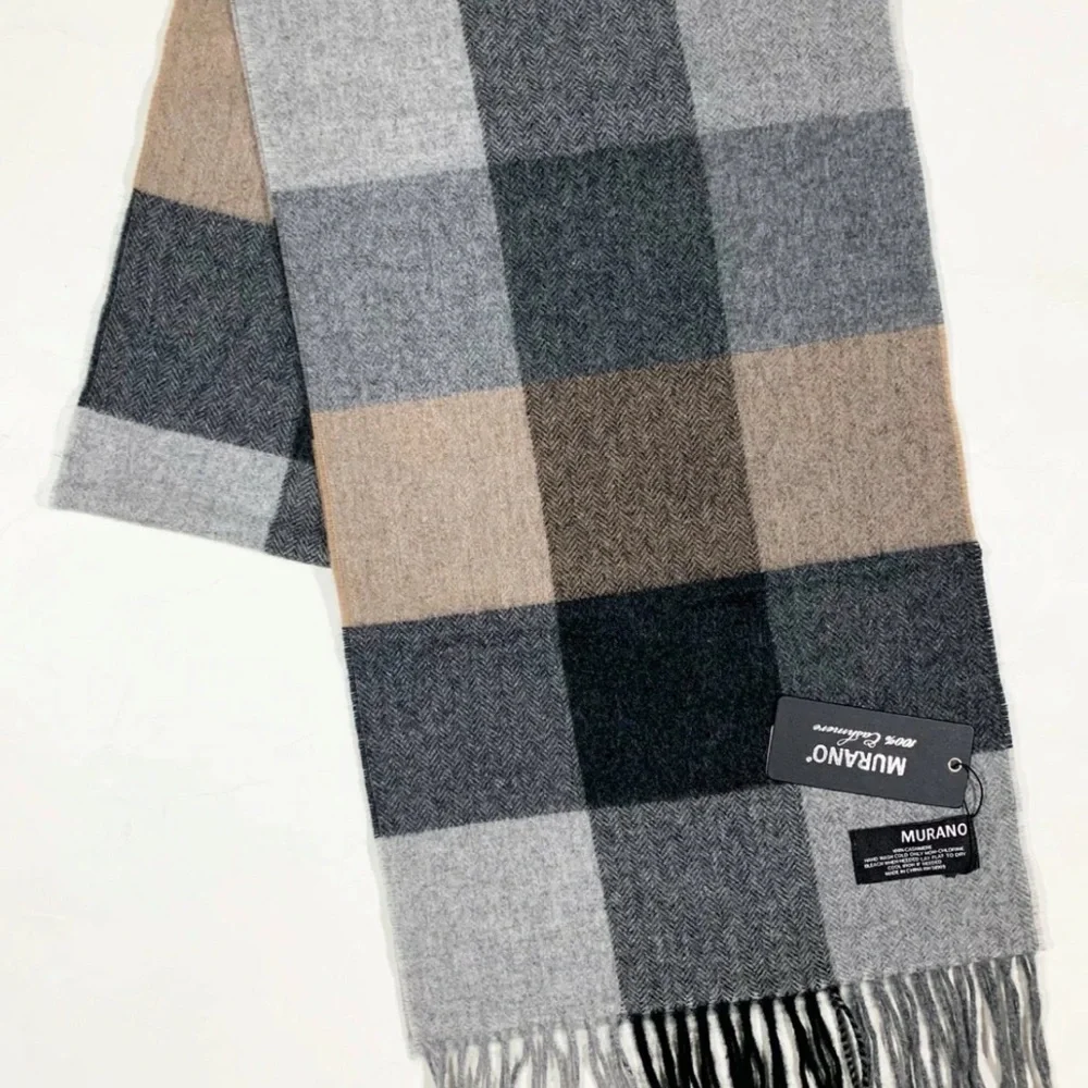MWT MURANO 100% Cashmere Fringed Scarf Muffler Plaid 13 X 70”